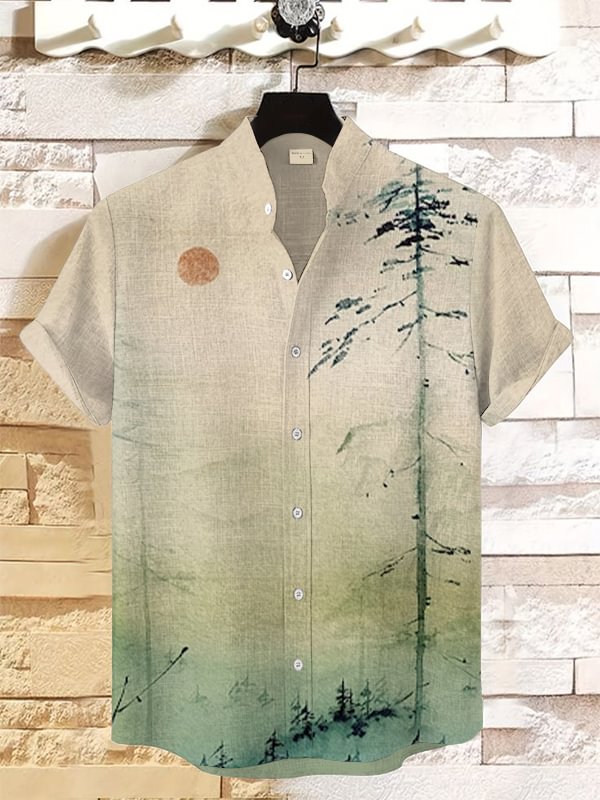 Men's Japanese Mountain Sunrise Painting Print Linen Blend Shirt