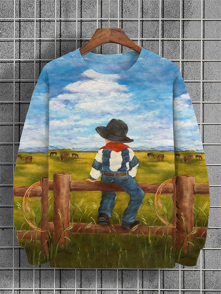 Men's Western Cowboy Pasture Art Print Casual Sweatshirt