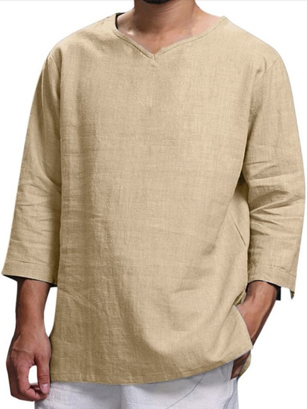 Men's Casual Plain V Neck Three Quarter Sleeve Linen T-Shirt