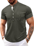 Men's Casual Plain Quilted Pocket Half Button Stand Collar Polo Shirt