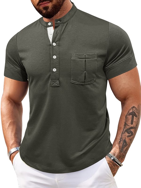 Men's Casual Plain Quilted Pocket Half Button Stand Collar Polo Shirt