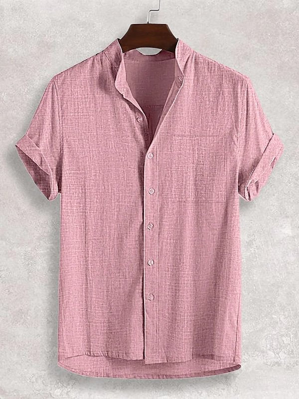 Men's Stand-up Collar Short Sleeve Cotton And Linen Shirt