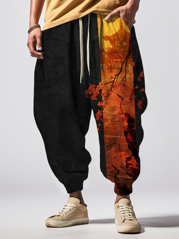 Men's Retro Cherry Blossoms And Cranes Art Print Loose Drawstring Sweatpants