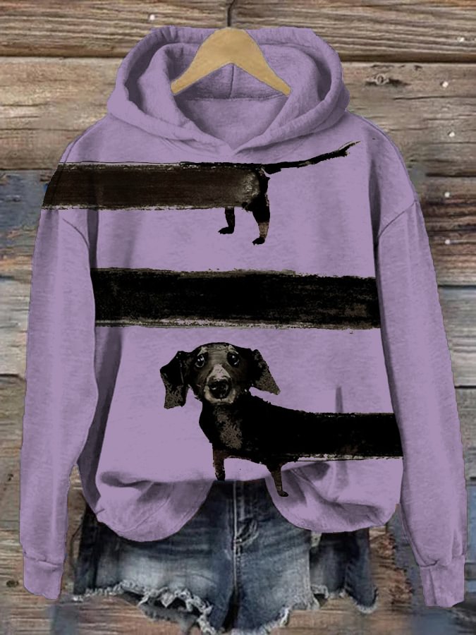 Women's Colorblock Long Black Dachshund Graphic Printed Hoodie