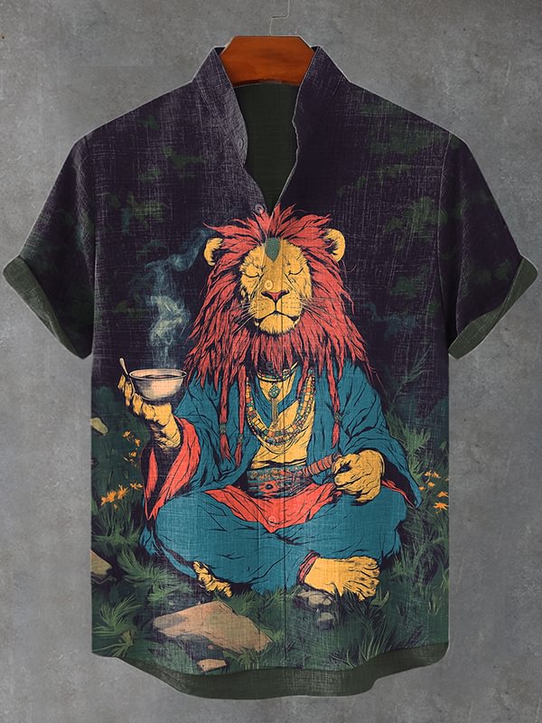 Men's Hippie Soul Lion Forest Meditation Art Print Shirt