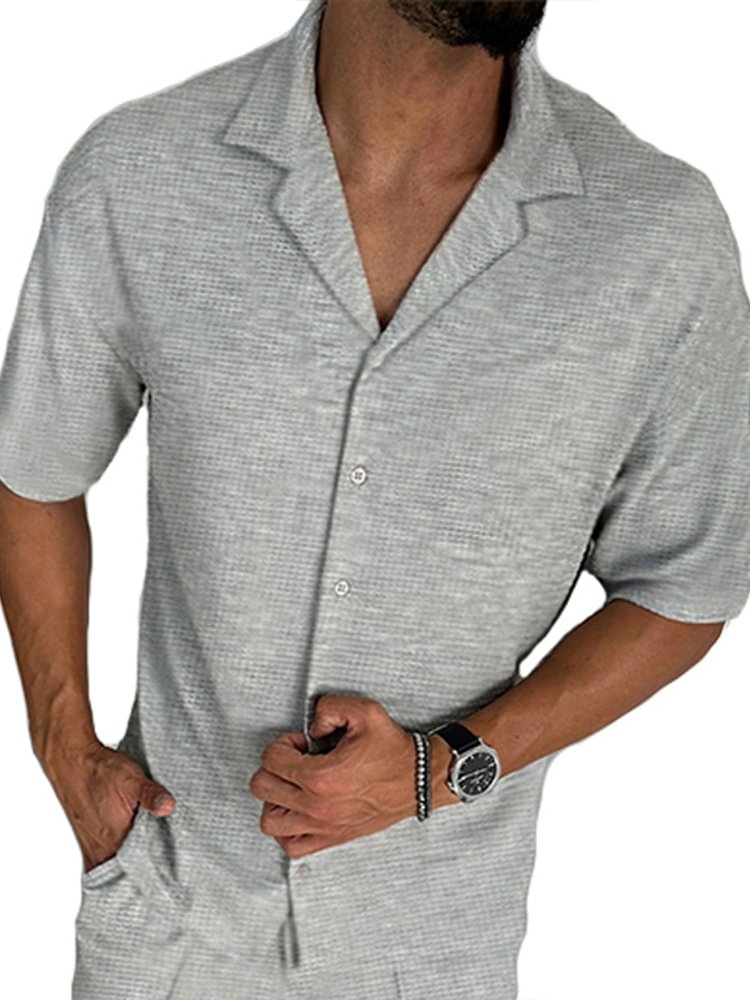 Men's Solid Color Lapel Collar Casual Short Sleeve Shirt