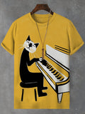 Men's Funny Cat Playing Piano Illustration Print Casual T-Shirt