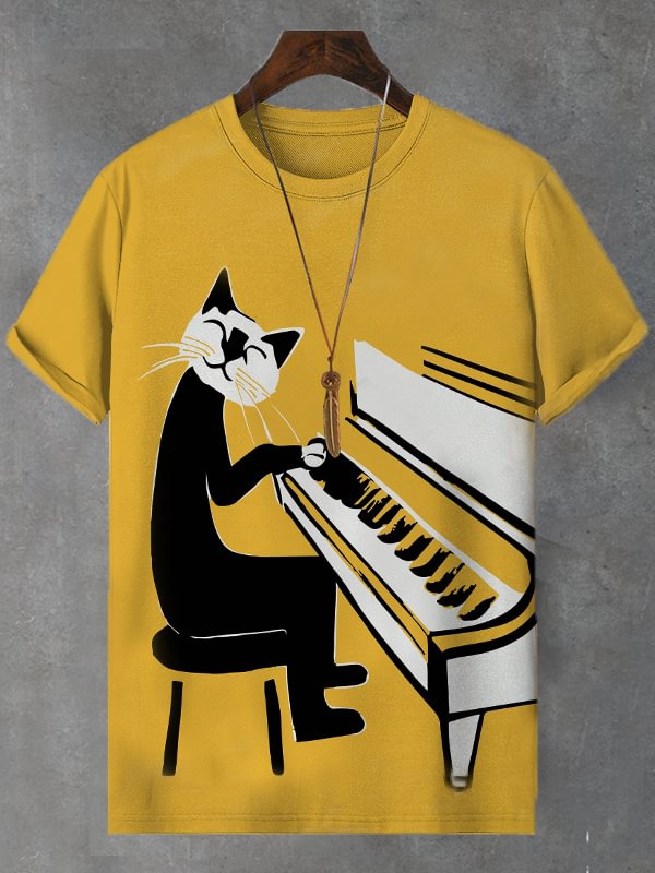 Men's Funny Cat Playing Piano Illustration Print Casual T-Shirt