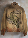 Women's Japanese Retro Smoking Frog Art Painting Print High Neck Knit Sweatshirt