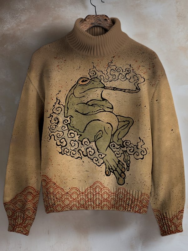Women's Japanese Retro Smoking Frog Art Painting Print High Neck Knit Sweatshirt