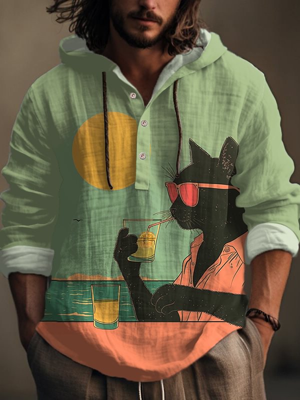 Men's Fun Cat Drinking Juice By The Seaside Print Hooded Shirt