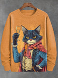Men's Cheers Cape Black Cat Knight Illustration Print Casual Sweatshirt
