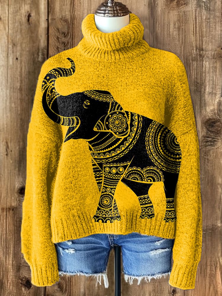 Women's Retro Elephant Graphic Print High Neck Knit Sweatshirt