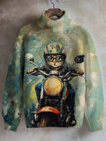 Men's Cat Riding Motorcycle Oil Painting Print High Neck Knit Sweatshirt