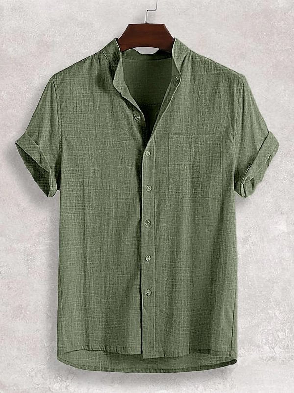 Men's Stand-up Collar Short Sleeve Cotton And Linen Shirt