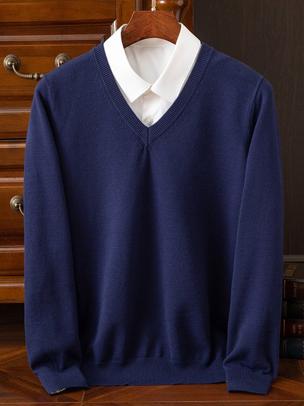Men's Business Casual Solid Color Long Sleeve V Neck Pullover Sweater