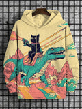 Men's Dinosaur And Cat Fight Together Art Print Hooded Sweatshirt