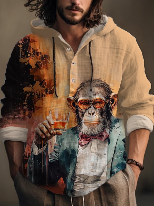 Men's Funny Monkey Gentleman Whiskey Oil Painting Print Hooded Shirt
