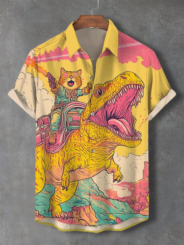 Men's Cat And Dinosaur Fantasy Art Print Shirt