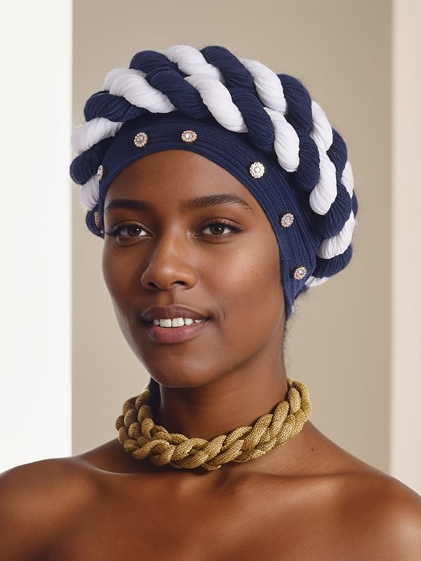 Women's Strip Rhinestone Decor Color Block Braid Turban Hat