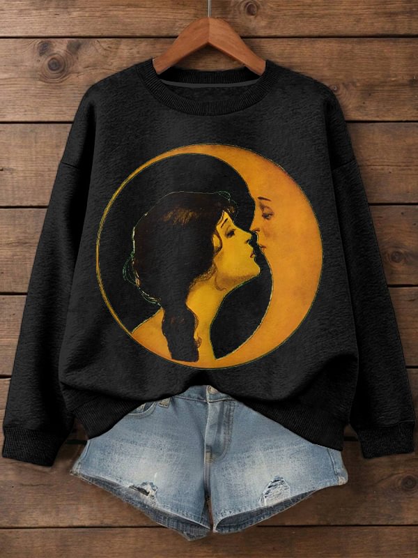 Women's Woman Kissing Moon Art Print Cotton Long Sleeve T-Shirt Thin Sweatshirt