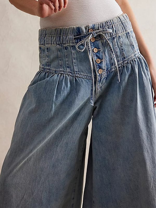 Women's Casual Elastic Drawstring Waist Buttons Loose Fit Wide-Leg Jeans