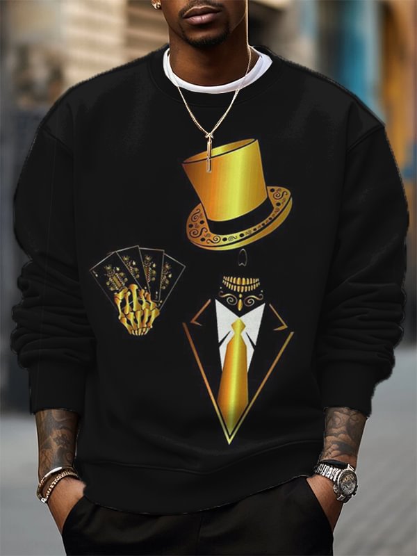 Men's Skull Magician Poker Print Casual Sweatshirt