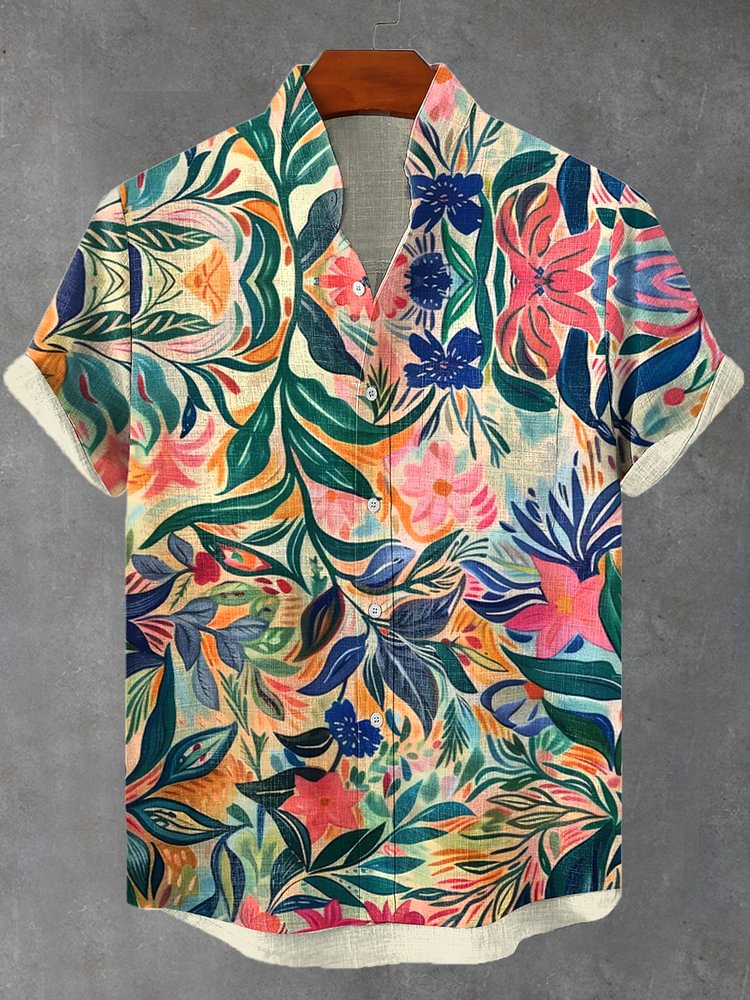 Men's Boho Plant Flower Fauvism Art Print Linen Blend Shirt