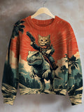 Women's Cat And Dinosaur Fantasy Adventure Art Print Knit Sweatshirt