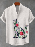 Men's Boho Floral Cat Embroidery Print Linen Blend Shirt
