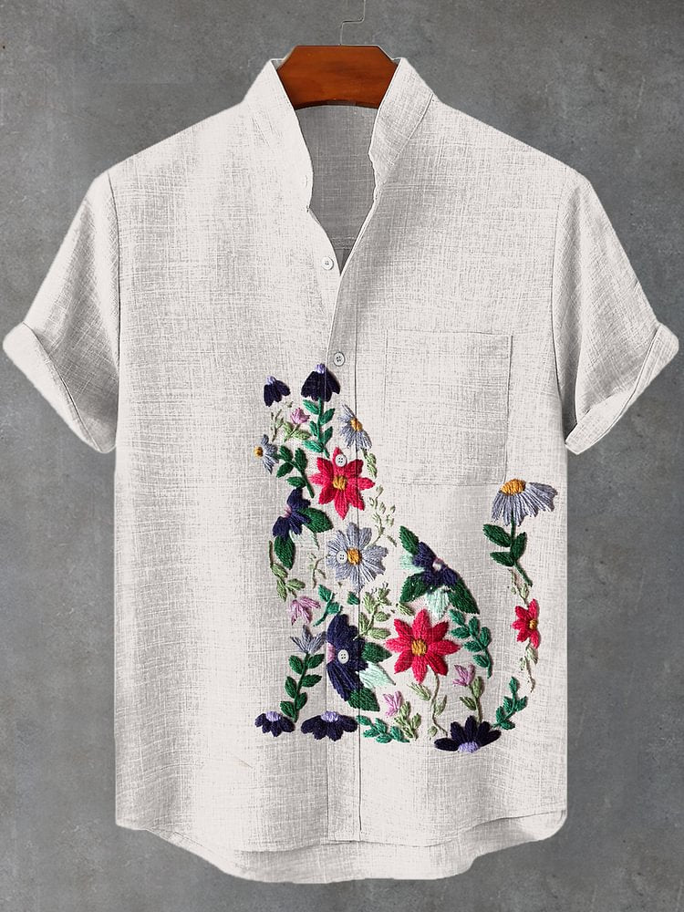 Men's Boho Floral Cat Embroidery Print Linen Blend Shirt