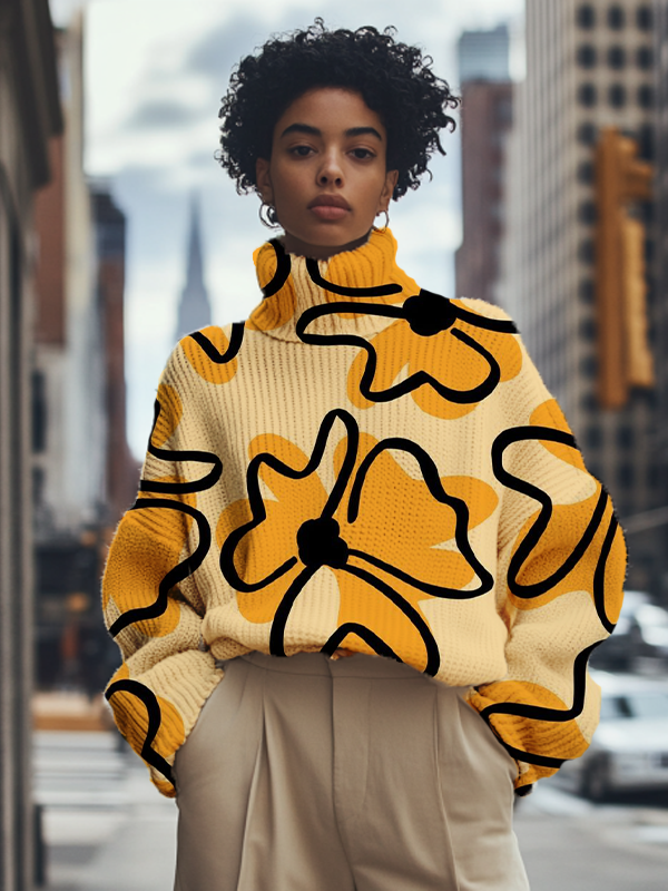 Women's Abstract Floral Art Print High Neck Knit Sweatshirt
