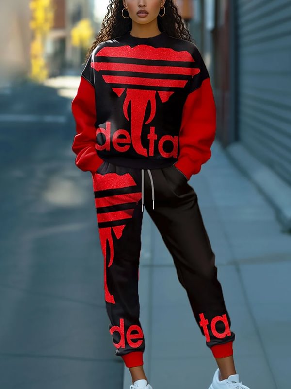 Women's Red Elephant Print Sweatshirt Casual Pants Matching Set