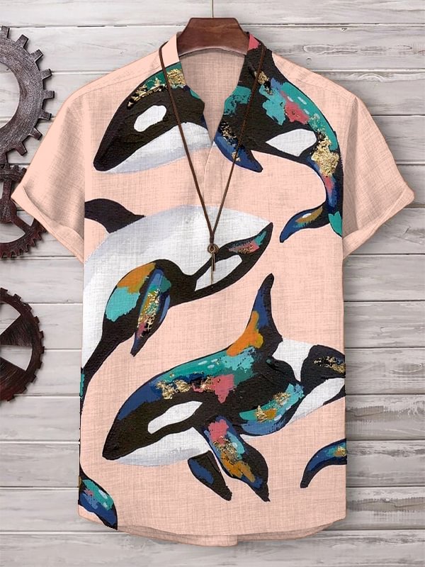 Men's Vacation Ocean Tattoo Orca Art Print Short Sleeve V Neck T-Shirt