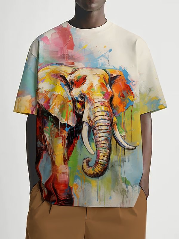 Men's Colorful Elephant Oil Painting Print Casual T-Shirt