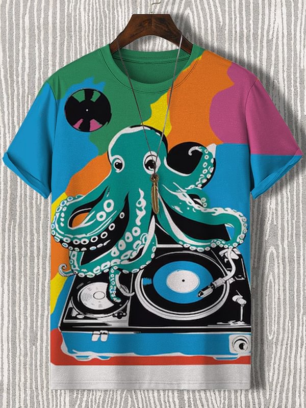 Men's Vintage Octopus Vinyl Record Art Print Casual T-Shirt
