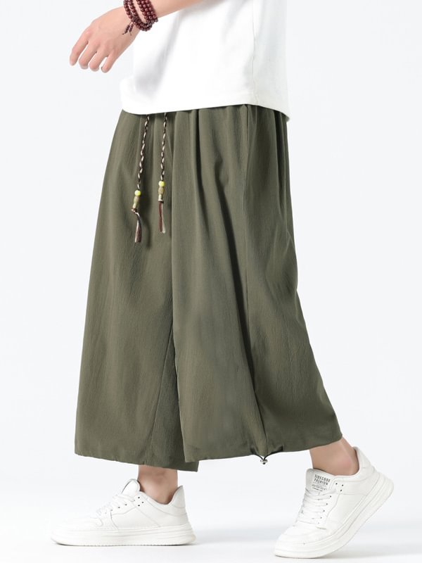 Men's Plain Loose Wide Leg Drawstring Waist Casual Cropped Pants