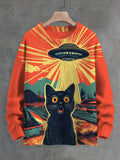 Men's Black Cat Meets UFO Vintage Comic Art Print Knit Sweatshirt