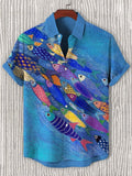 Men's Fish School Art Print Linen Blend Shirt