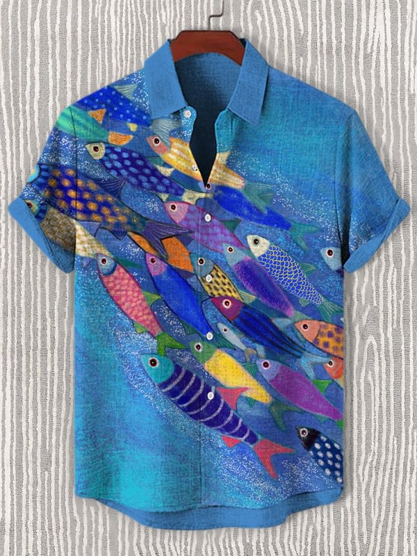 Men's Fish School Art Print Linen Blend Shirt