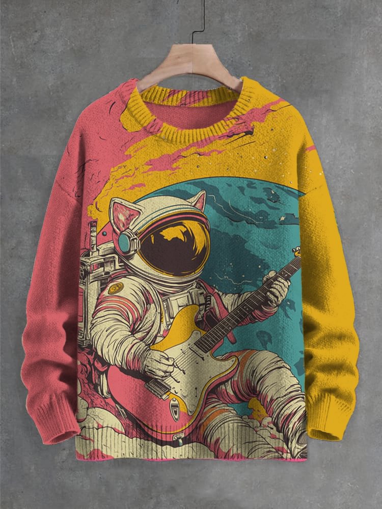Men's Outer Space Astronaut Guitar Player Art Print Knit Sweatshirt