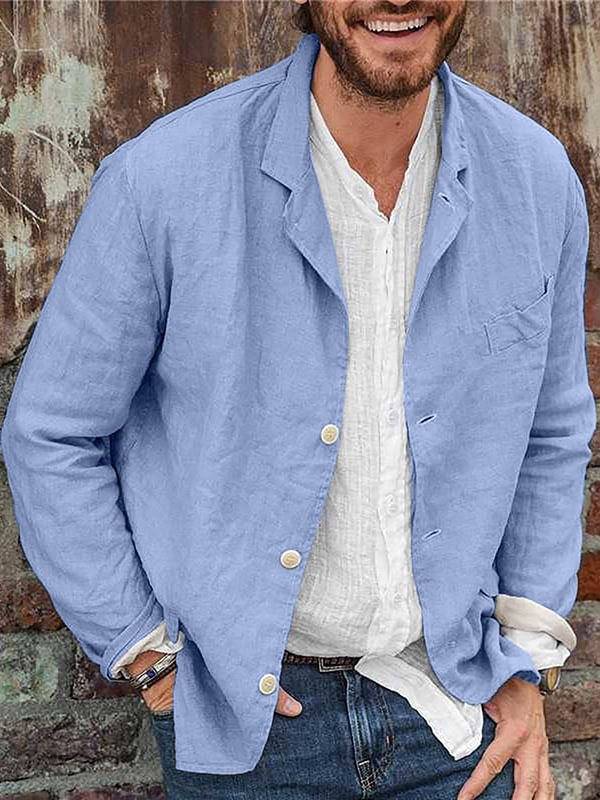 Men's Lapel Collar Button Up Long Sleeve Cotton Linen Plain Shirt