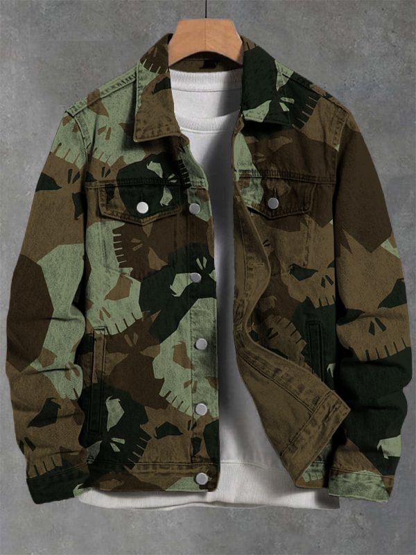 Men's Skull Camouflage Print Denim-Like Long Sleeve Shirt
