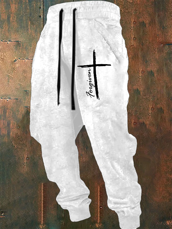 Men's Cross Slogan Print Retro Sweatpants