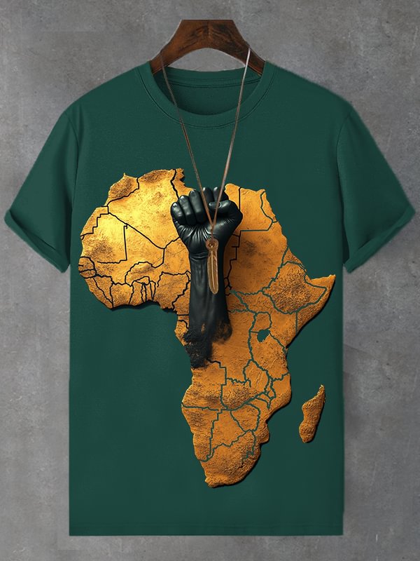 Men's African Map Black Fist Three-Dimensional Print Cotton Casual T-Shirt