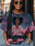 Women's Girl Meditating Under The Moon Print Casual T-Shirt