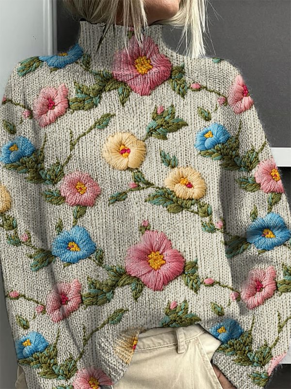 Women's Elegant Flowers And Vines Print Knit Sweatshirt