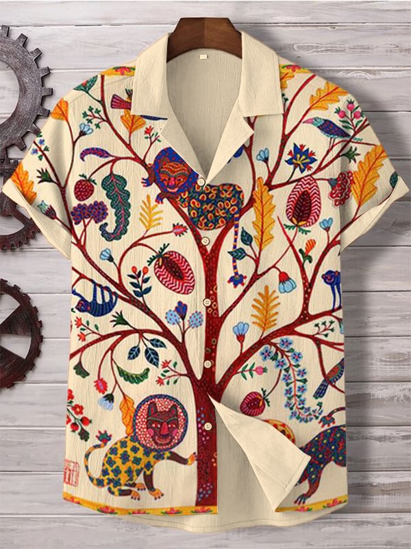Men's Boho Fun Tree Animal Cartoon Print Vacation Shirt