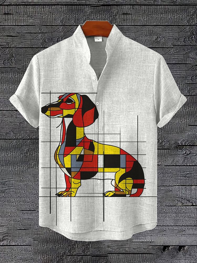 Men's Geometric Colorblock Dachshund Art Print Casual Shirt