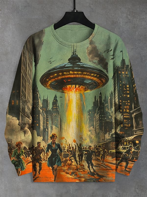 Men's UFO Appears In The City Retro Cartoon Art Print Casual Sweatshirt
